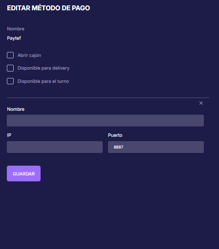 Editar método de pago Paytef con los campos de IP y puerto
