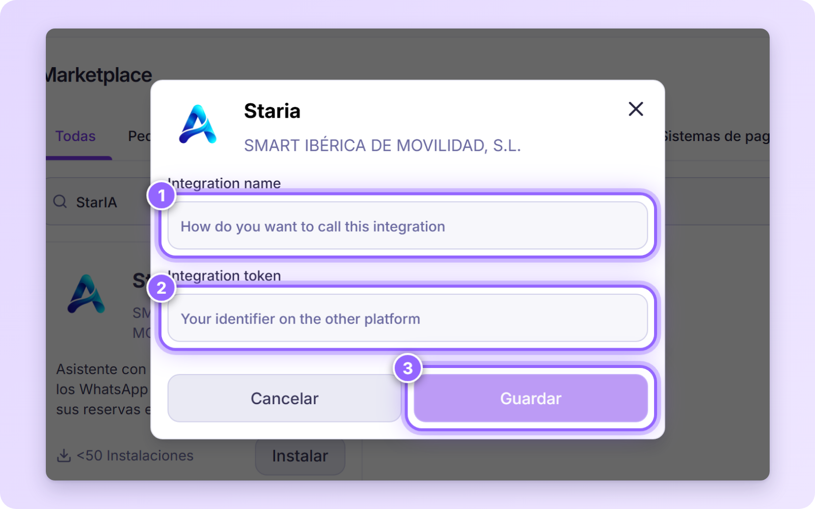 Formulario de instalación de Staria con Integration name, Integration token y el botón Guardar numerados