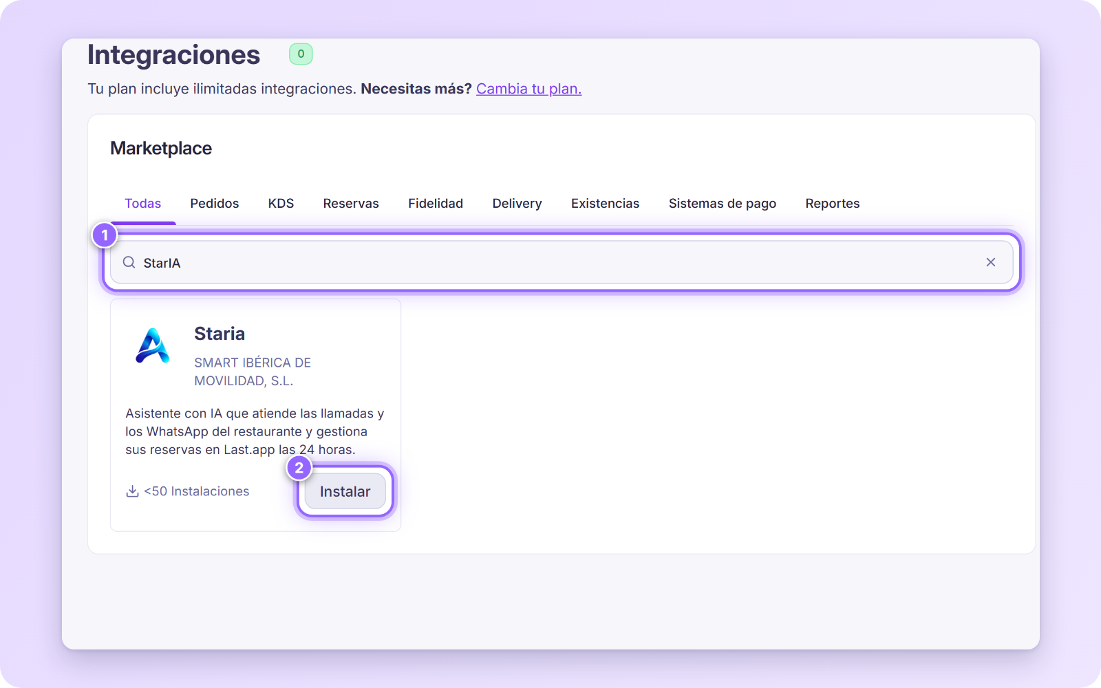 Marketplace con StarIA escrito en el buscador y el botón Instalar de la tarjeta Staria numerados