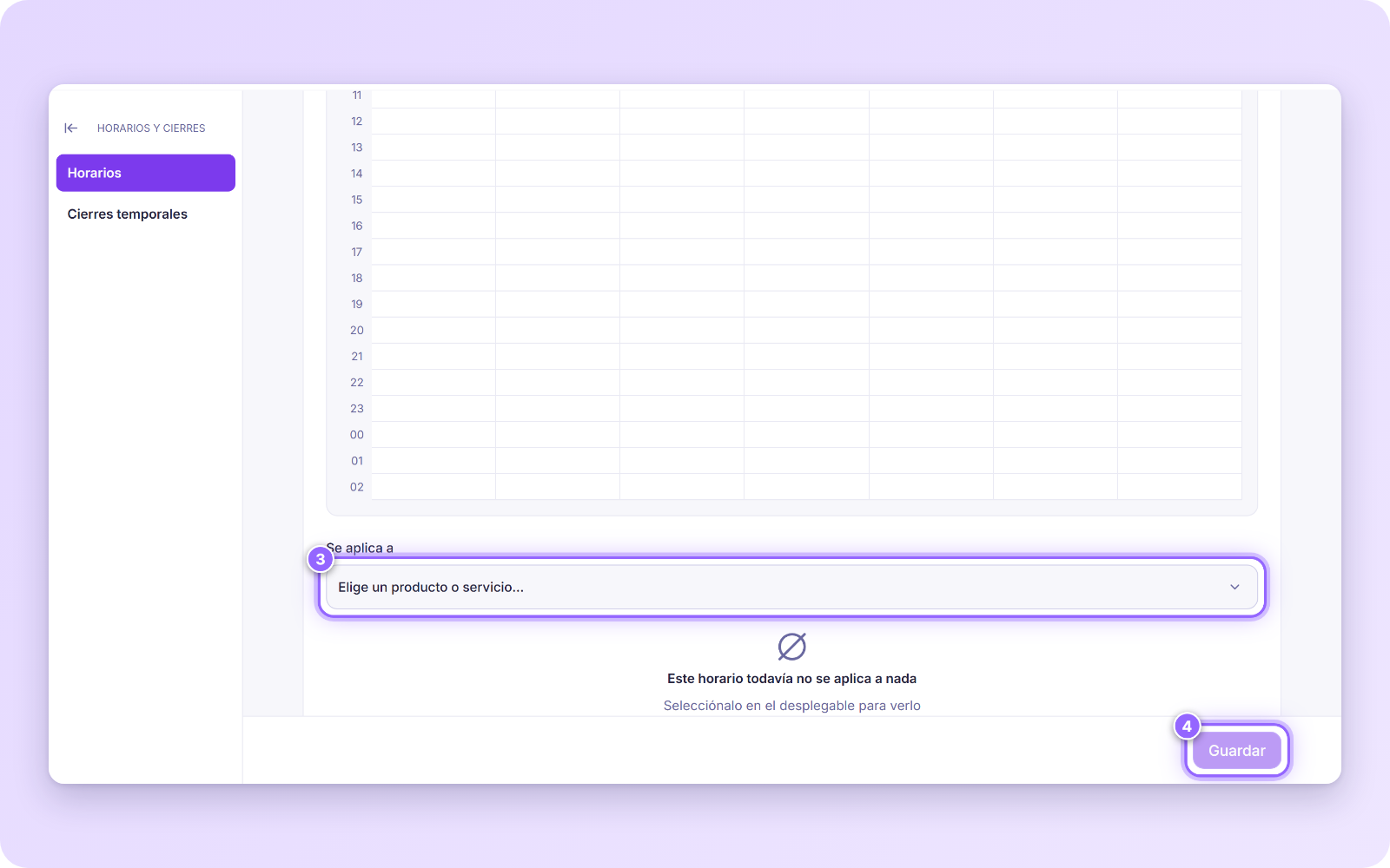Final de la pantalla Crear nuevo horario con el selector Se aplica a y el botón Guardar numerados