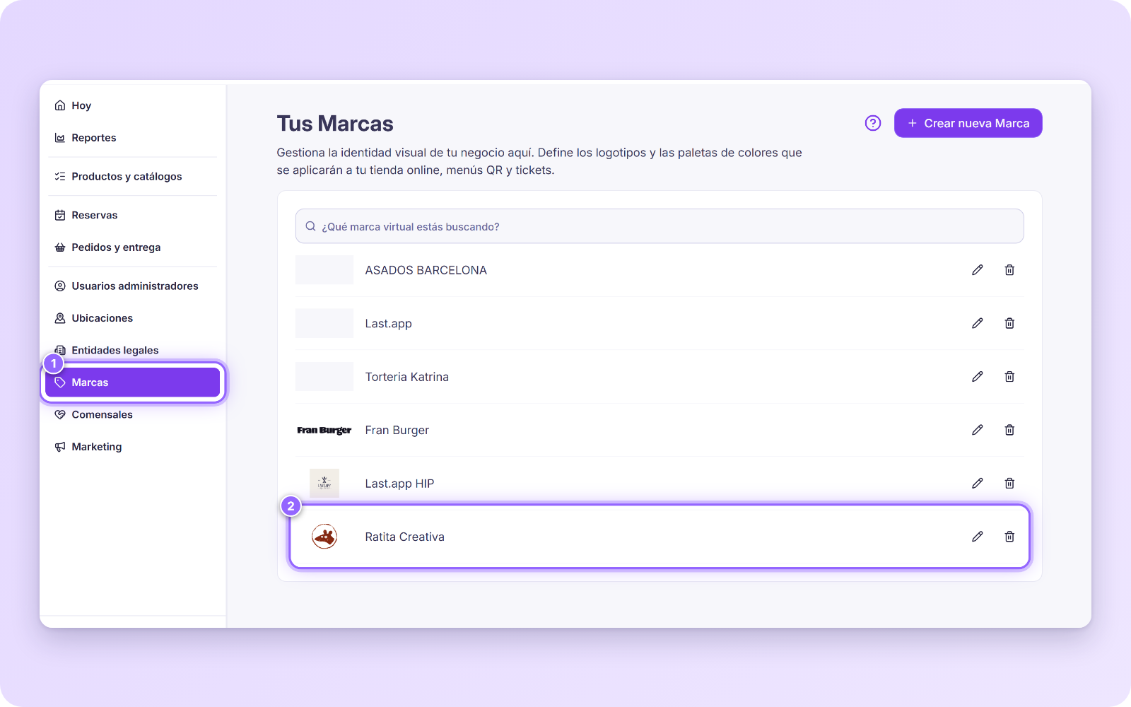 Menú Marcas y la marca de un local con su logotipo, numerados