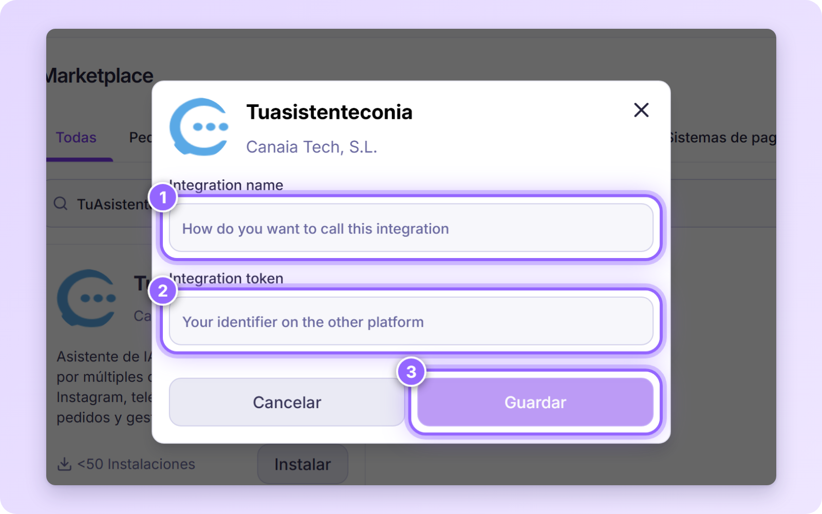 Formulario de instalación de Tuasistenteconia con Integration name, Integration token y el botón Guardar numerados