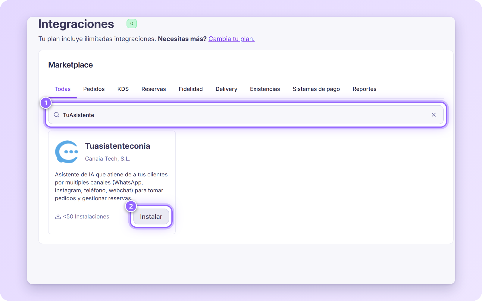 Marketplace con TuAsistente escrito en el buscador y el botón Instalar de la tarjeta Tuasistenteconia numerados