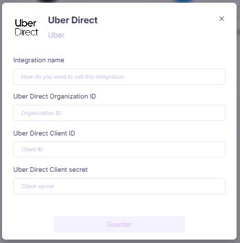 Formulario para instalar la integración de Uber Direct con Organization ID, Client ID y Client secret