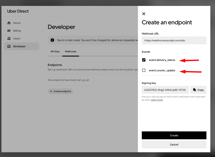 Configuración del webhook en el panel de Uber Direct con los eventos event.delivery_status y event.courier_update activados