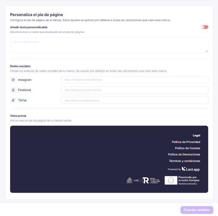 Personalización del pie de página y redes sociales de una marca