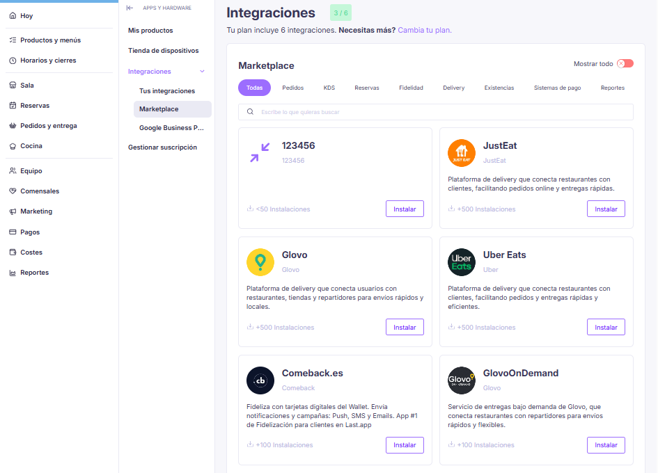 Marketplace de integraciones con categorías, descripciones y botón de instalar