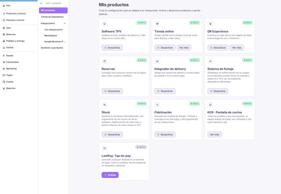 Listado de productos activables en Mis productos