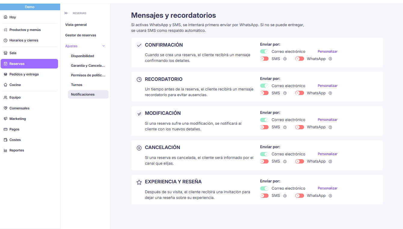 Configuración de mensajes y recordatorios de reservas en el panel de administración