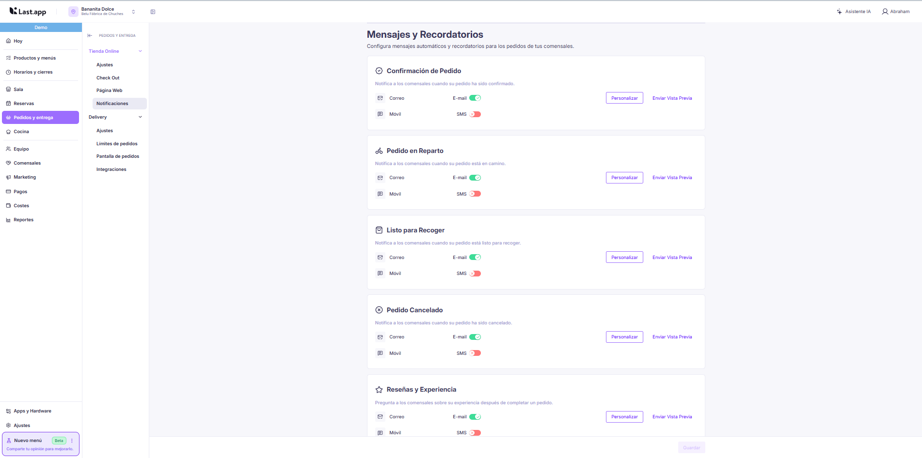 Configuración de mensajes y recordatorios de la tienda online