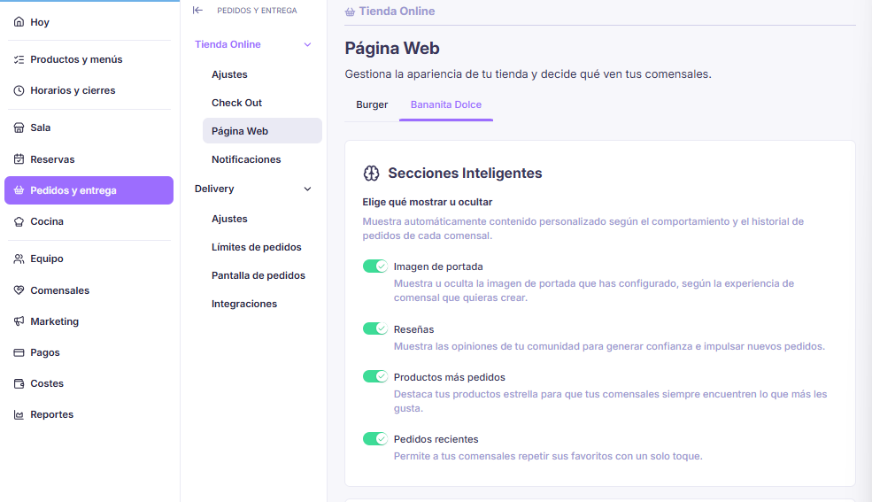 Secciones Inteligentes en la configuración de la página web