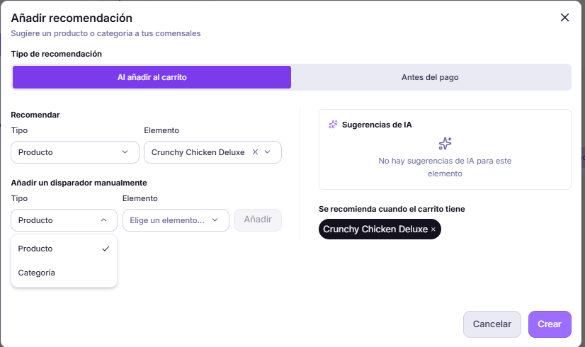 Modal para añadir una recomendación al añadir un producto al carrito