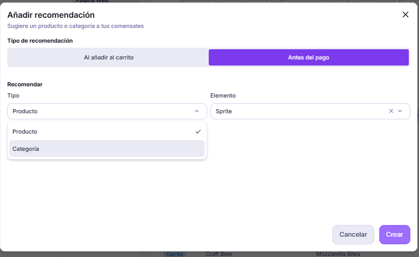 Modal para añadir una recomendación antes del pago