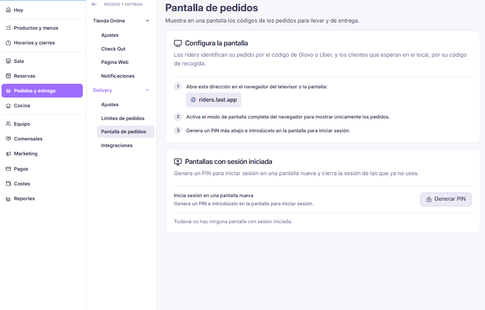 Configuración de la pantalla de pedidos en el panel de administración
