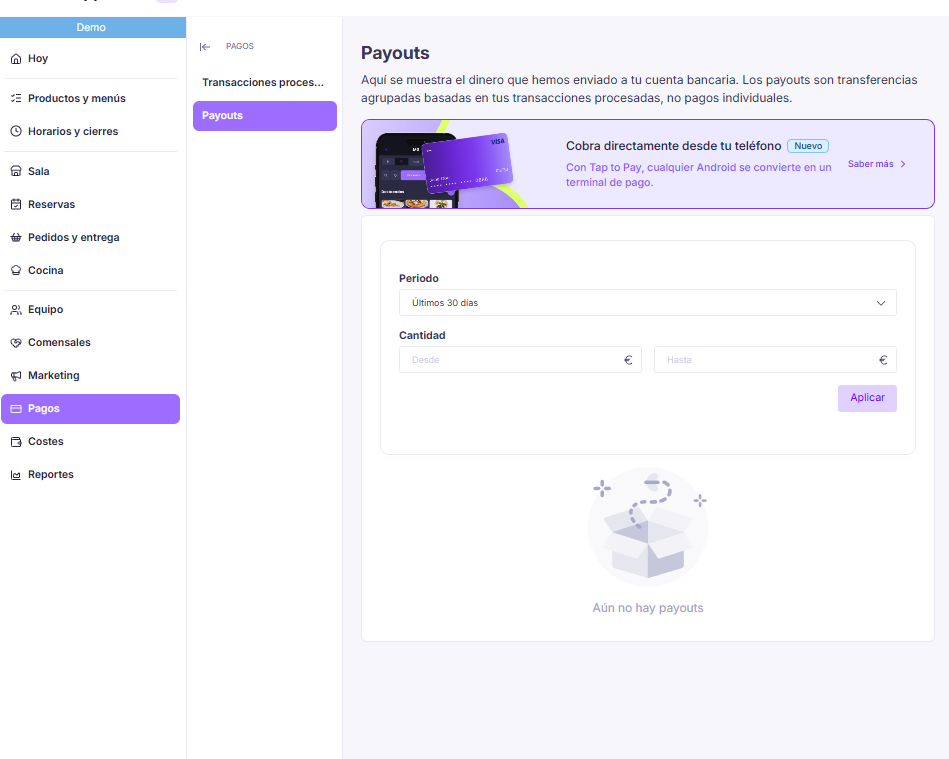 Panel de Payouts con filtros de periodo y cantidad