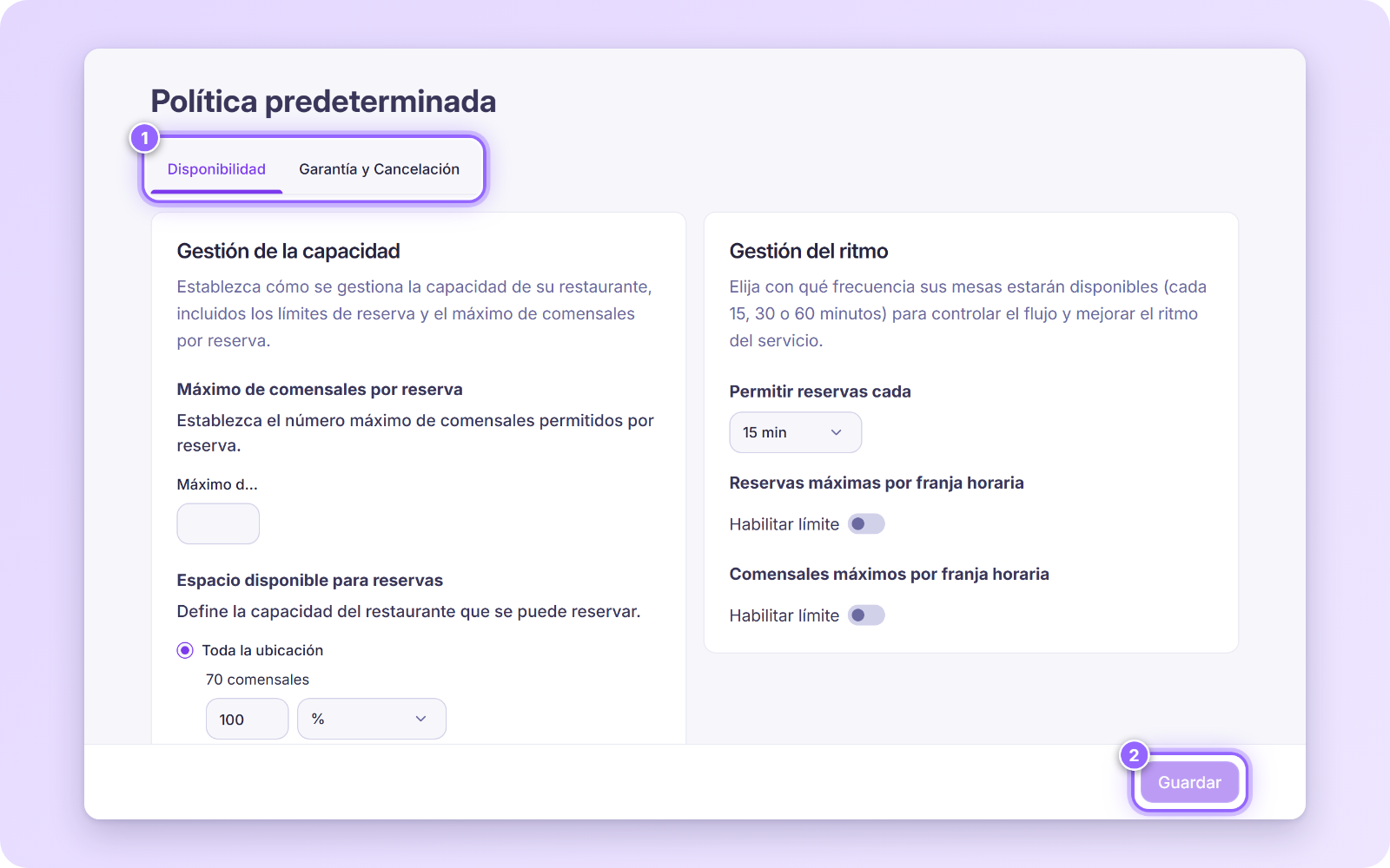 Editor de una política con las pestañas Disponibilidad y Garantía y Cancelación, y el botón Guardar