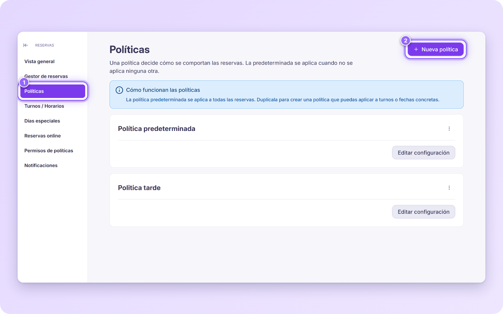 Menú Políticas dentro de Reservas y botón Nueva política