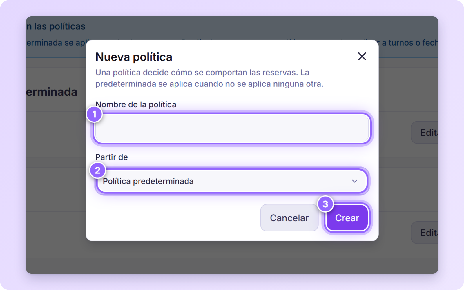 Diálogo Nueva política con el nombre, Partir de y el botón Crear