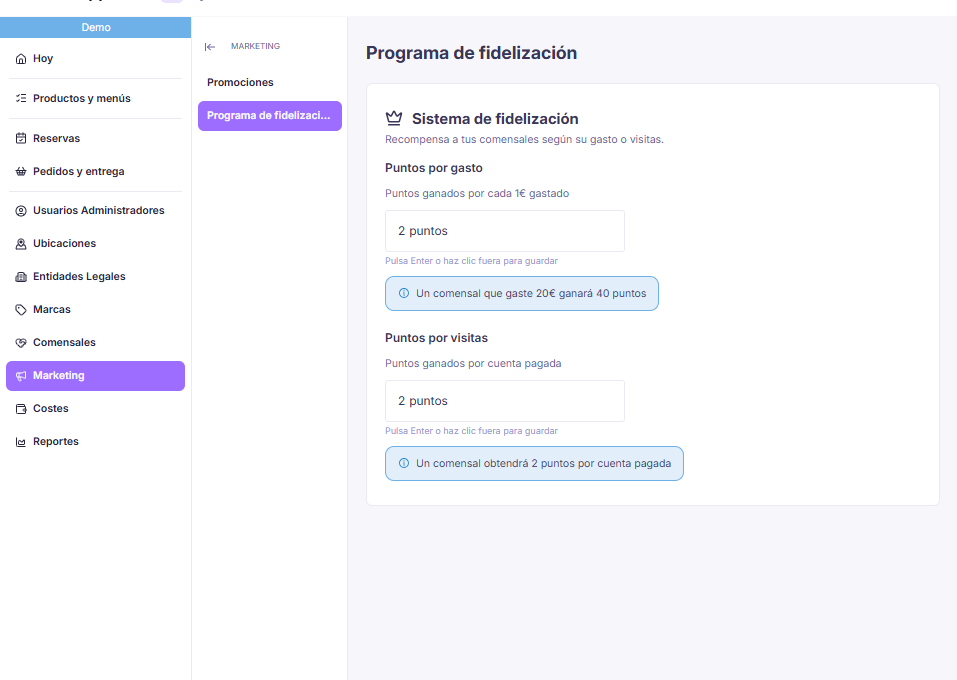 Configuración del programa de fidelización: puntos por gasto y por visitas