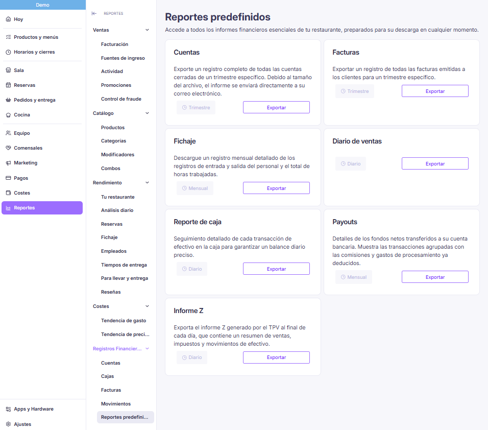Listado de reportes predefinidos disponibles para exportar