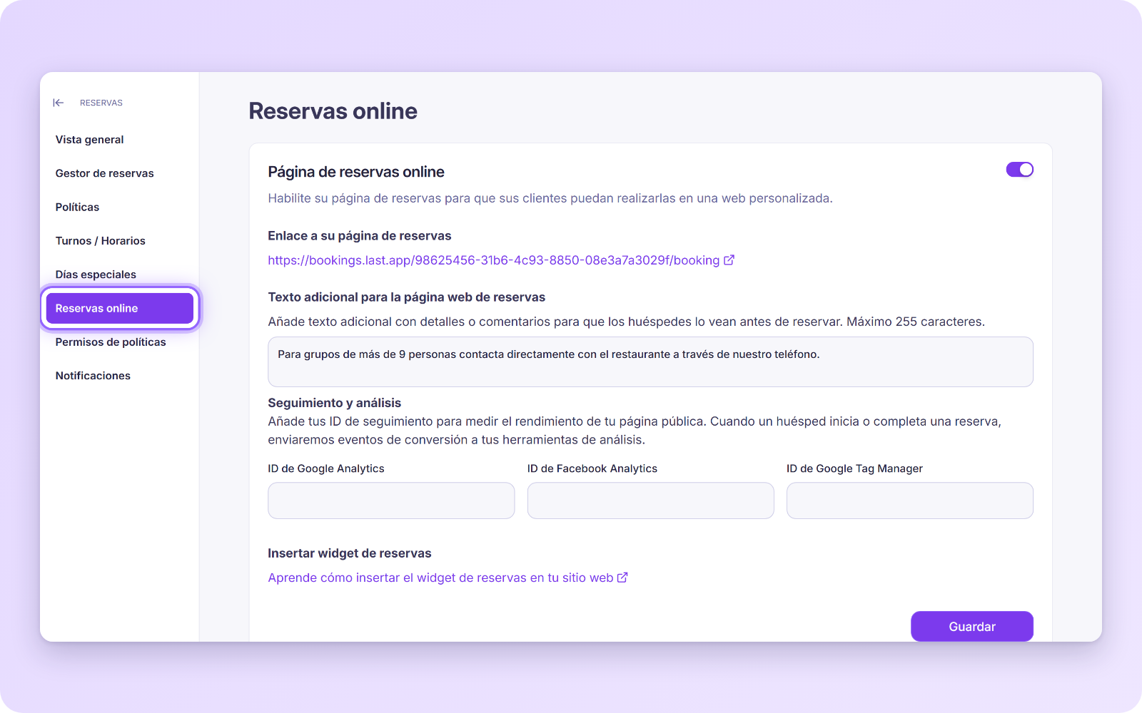 Menú Reservas online dentro de Reservas, con la página de reservas online