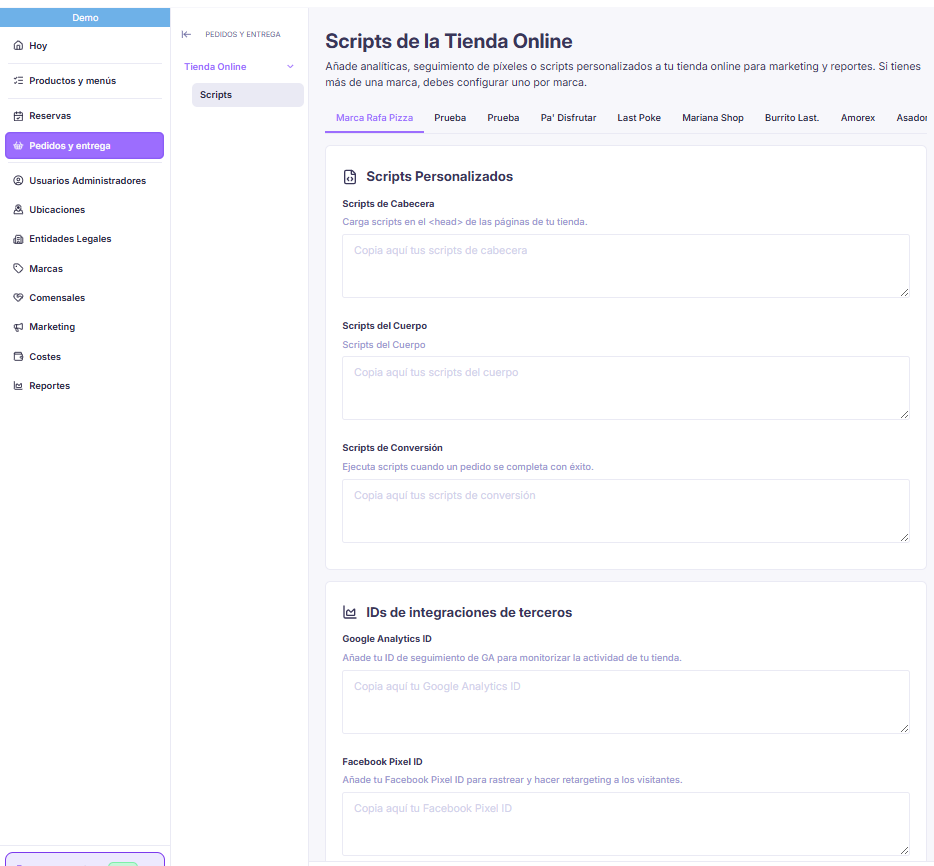 Scripts de la Tienda Online: scripts personalizados e IDs de integraciones de terceros