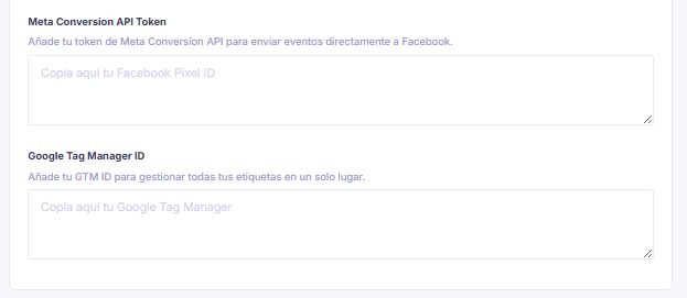 Campos para el Token de la API de Conversiones de Meta y el Google Tag Manager ID