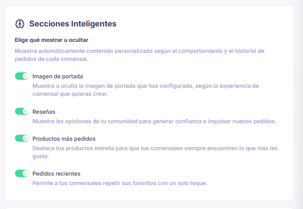 Tarjeta de Secciones Inteligentes con sus opciones