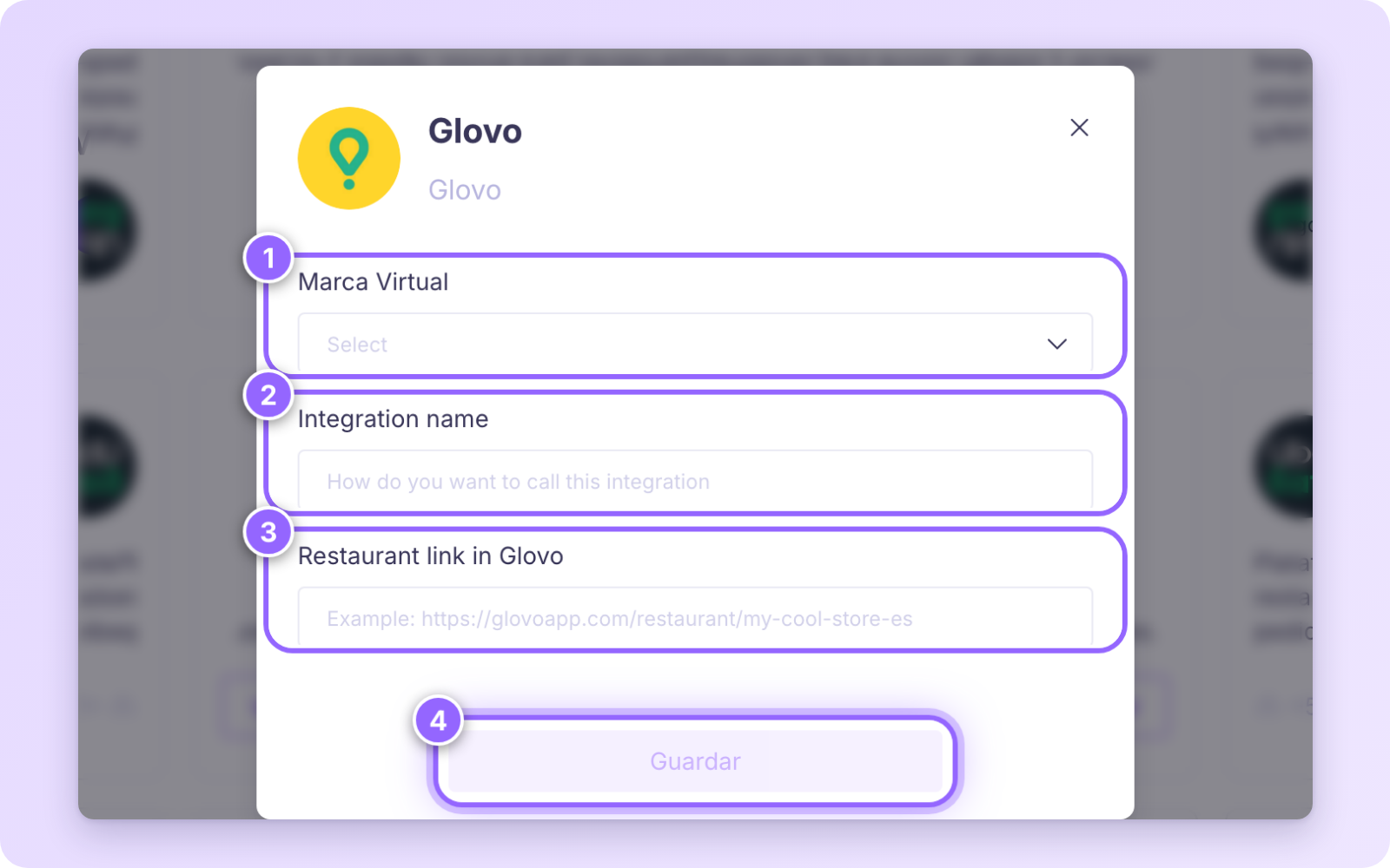Formulario de instalación de Glovo con Marca Virtual, Integration name, Restaurant link in Glovo y el botón Guardar numerados