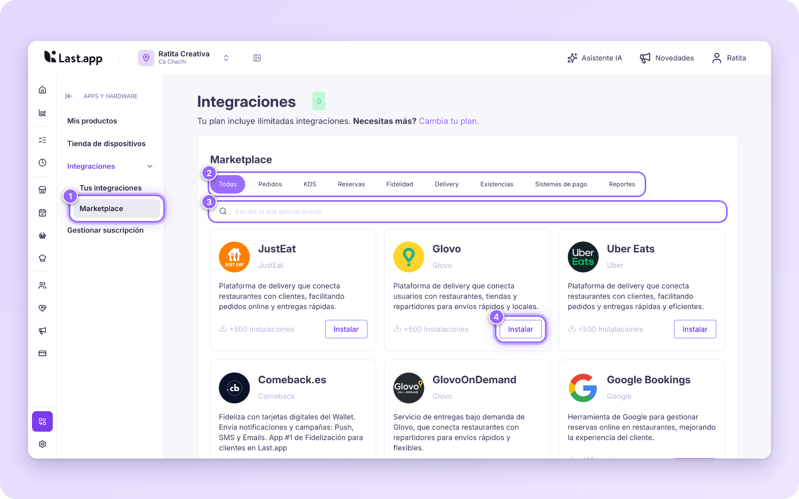 Marketplace de integraciones con el menú Marketplace, las categorías, el buscador y el botón Instalar de Glovo numerados