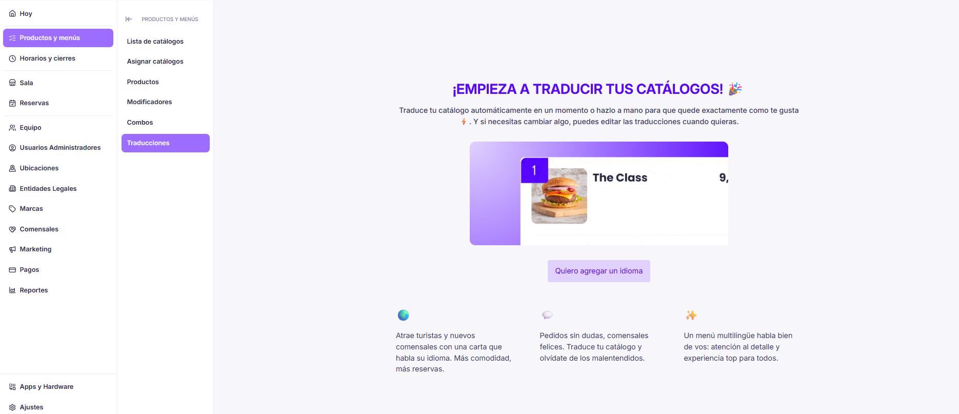 Apartado de Traducciones con el botón para agregar un idioma