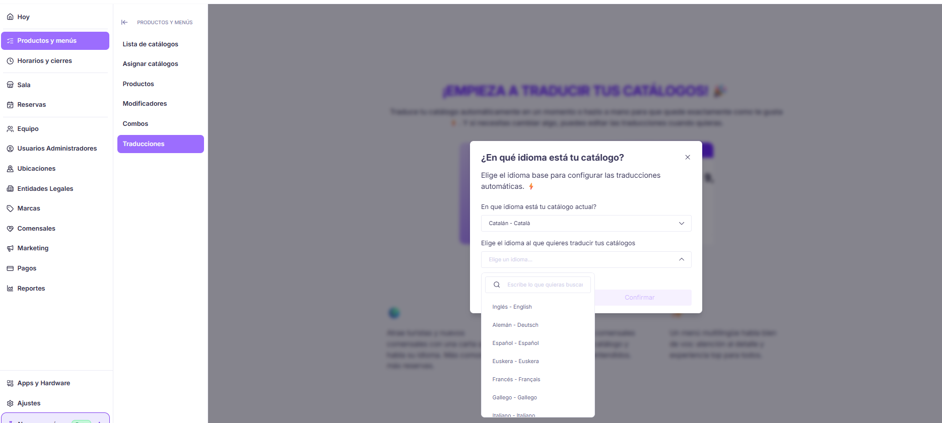 Selector del idioma al que quieres traducir el catálogo