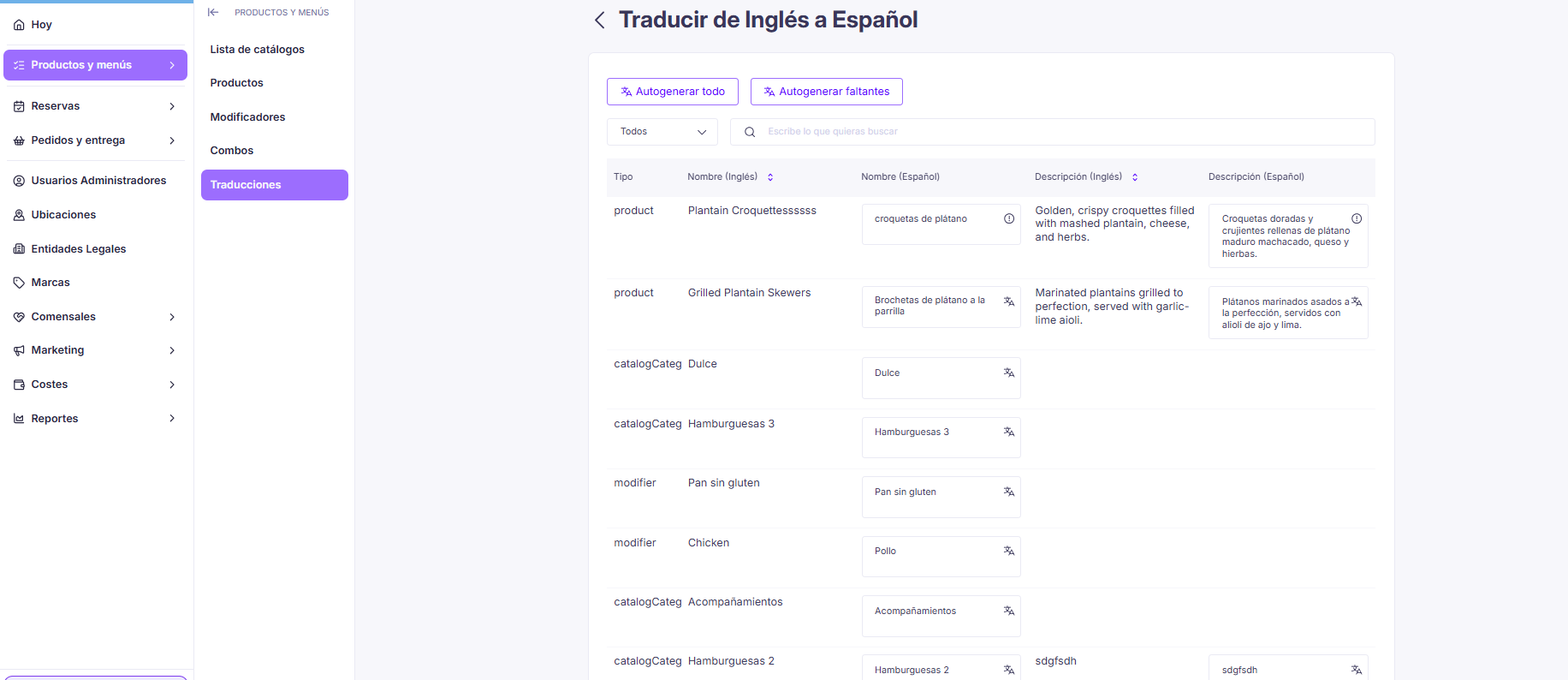 Tabla de traducción con las opciones de autogenerar todo o solo lo faltante