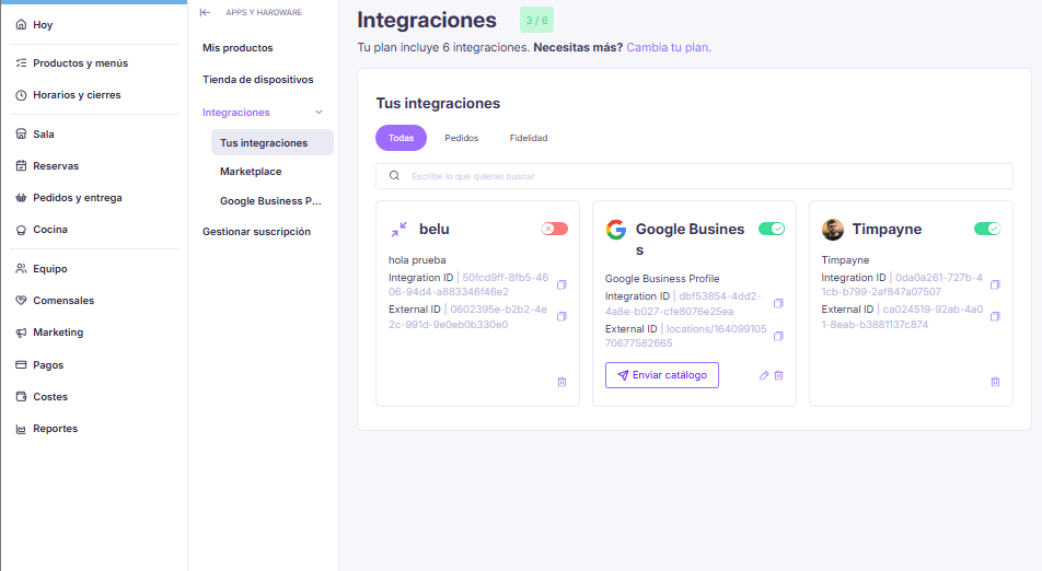 Listado de integraciones activas en Tus integraciones