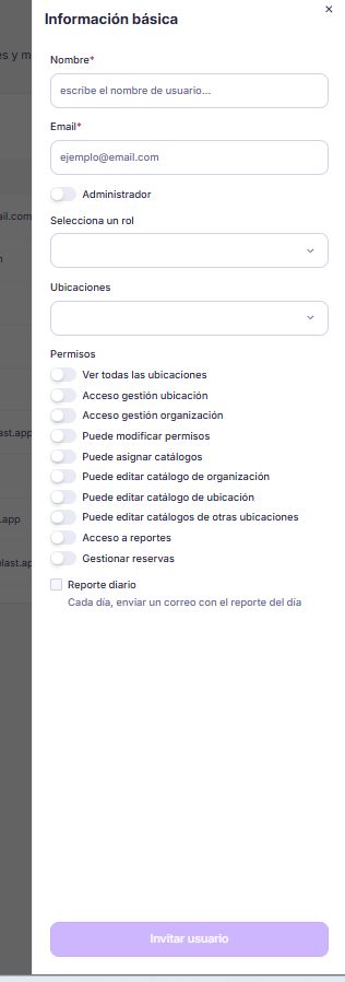 Formulario para invitar a un nuevo usuario administrador