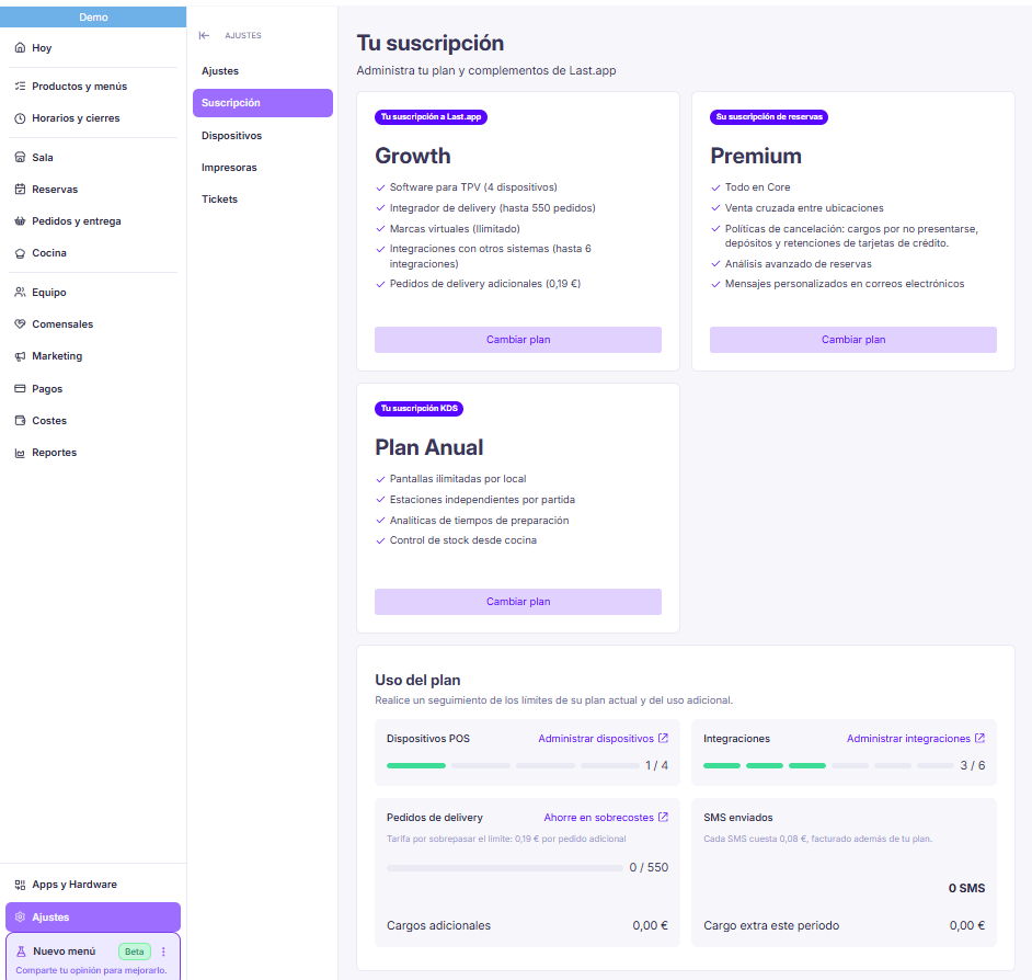 Tarjetas de suscripción a Last.app, Reservas y KDS, y uso del plan