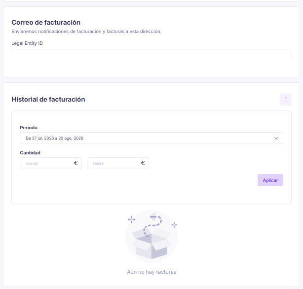 Correo de facturación e historial de facturación
