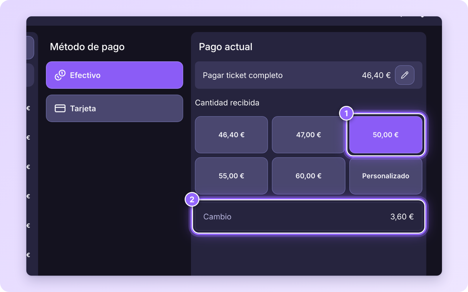Cobro en efectivo con 50 € recibidos y el cambio calculado