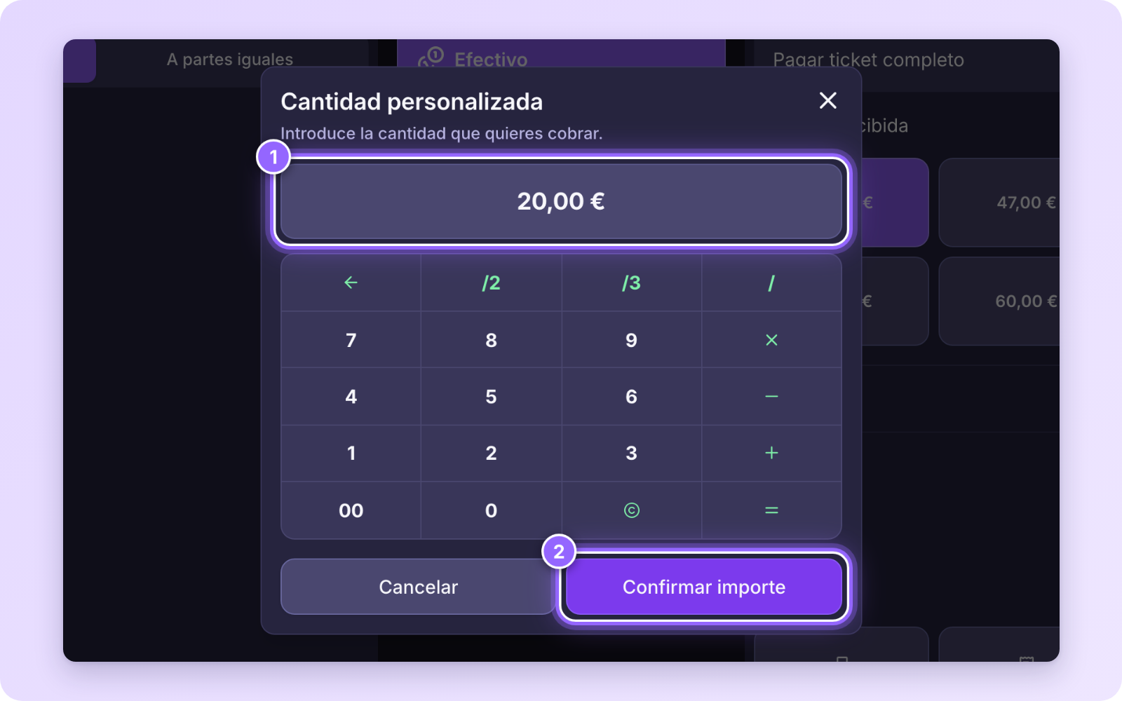 Teclado de Cantidad personalizada con 20 € introducidos