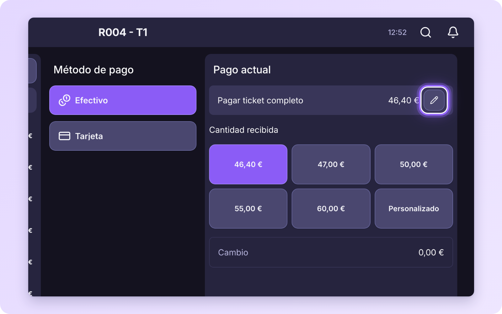 Icono de lápiz junto a Pagar ticket completo