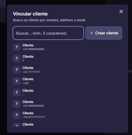 Modal para buscar o crear un cliente y vincularlo a la cuenta