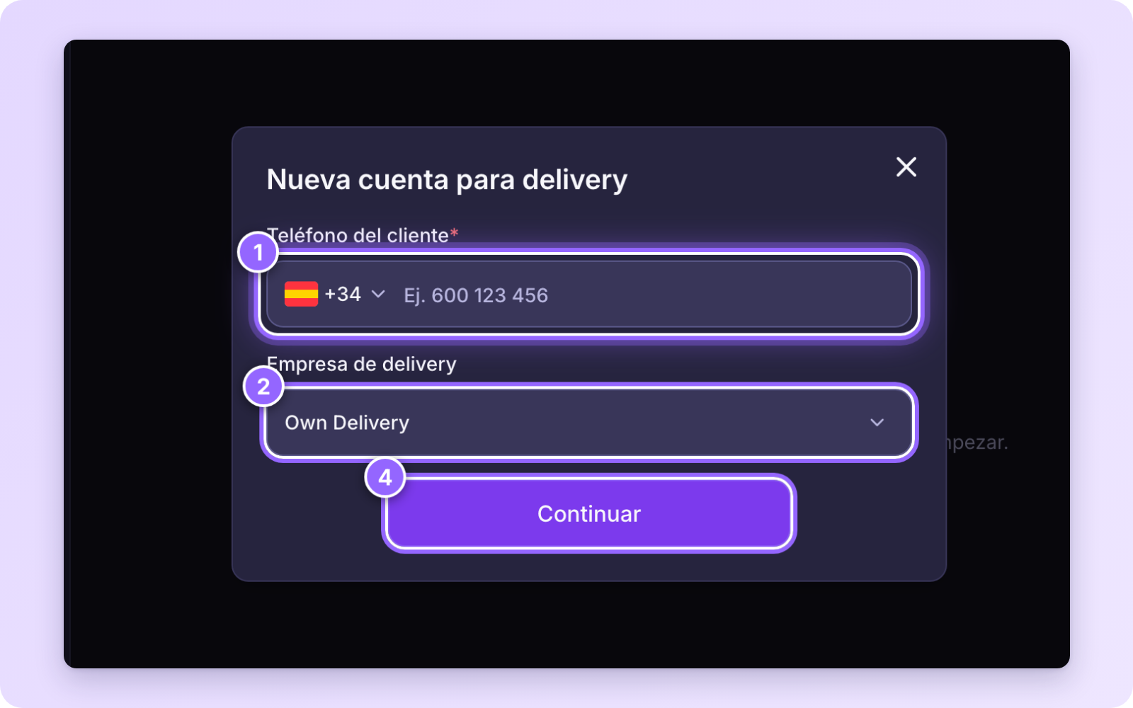 Ventana Nueva cuenta para delivery con Teléfono del cliente, Empresa de delivery en Own Delivery y el botón Continuar