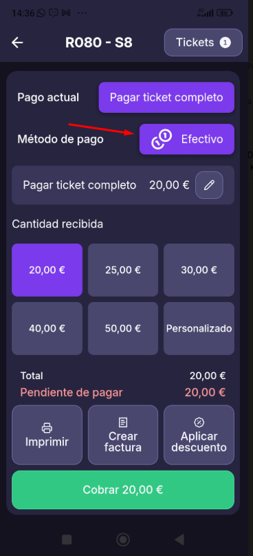 Pantalla de pago con el método de pago actual y el lápiz para cambiarlo