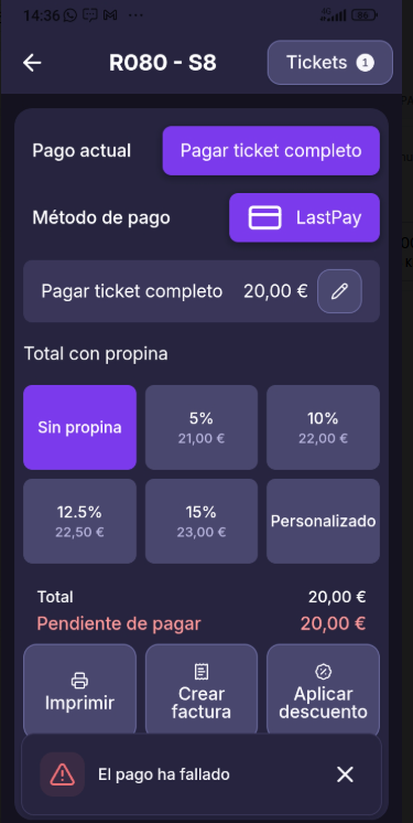 Aviso de El pago ha fallado en la pantalla de cobro